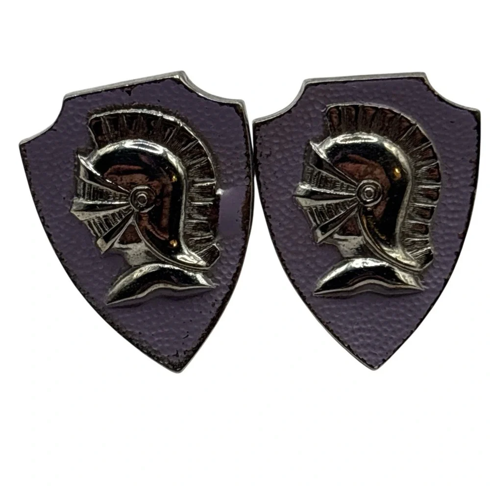 VTG Knight‎ Cufflinks Sheild Silver Tone Helmet Lavender Purple Enamel Roman